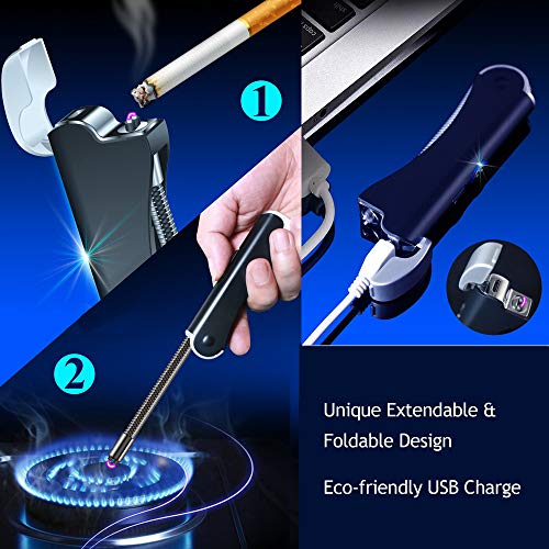 Candle Lighters,Windproof Electric 2in1 USB Rechargeable Arc Long Lighter with Flexible Neck Foldable Flameless Pocket Lighters for BBQ Grill Firework Cupcake Fireplace Cigarette (Black)
