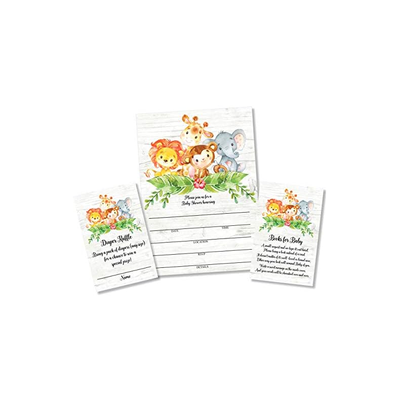 25 Sweet Safari Jungle Baby Shower Invitations and Envelopes (Large Size 5X7 inches), 25 Diaper Raffle Tickets, 25 Baby…