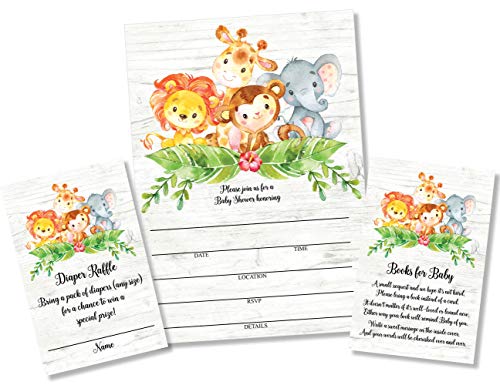25 Sweet Safari Jungle Baby Shower Invitations and Envelopes (Large Size 5X7 inches), 25 Diaper Raffle Tickets, 25 Baby…