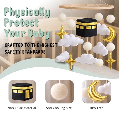 Dua Baby Crib Mobile - Islamic Toy - Halal Baby Sleep Music with Soothing Duas & Surahs - Full Set with Sound Box, Remote, Cot Mobile Arm, Rotating Montessori Infant Crib Toys Hanging Muslim Gift