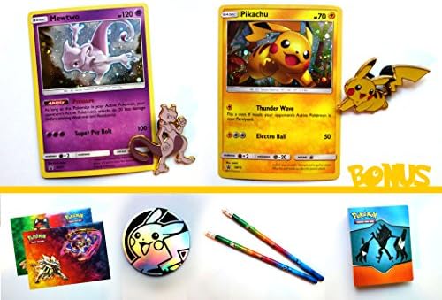 Shining Legends, Pikachu SM76, Mewtwo SM77 each w its Pin.BONUS: 1 mini binder, 2 pencils, 5 stickers and 1 coin