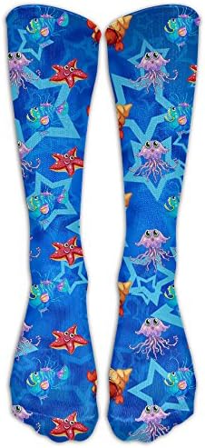 Unisex Novelty Printed Soft Knee High Socks Starfish Jellyfish Anglerfish Hermit Crab Blue Crew Socks
