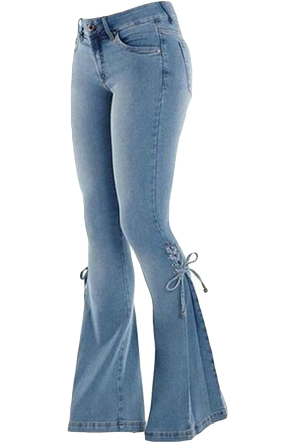Photo 1 of LINUMIN Women Lace-up Bell Bottom Denim Jeans Mid Waist Stretchy Flare Juniors Pants Bodyfriend Trouser (Blue, M)