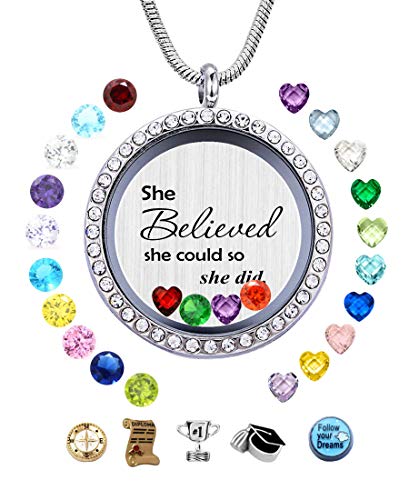"She Believed She Could So She Did" Charms Floating Locket Necklace Pendant,Gift For Women Girl Sister Daughter Mother Friends