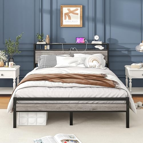 HOJINLINERO Queen Bed Frame with Storage Headboard/USB Charging Station,Metal Platform Bed Frame Queen Size Mattress Base No Box Spring Needed,Heavy Duty Metal Slats,Under Bed Storage,Noise-Free,Grey