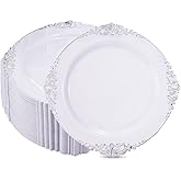 Hioasis 100pcs White Silver Plastic Plates - 10.25" Dinner Plates Disposable, Heavy -duty, Classy and Elegant for Thanksgiving