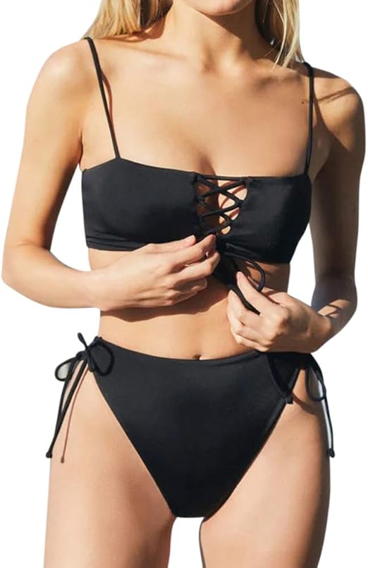 Amazon.com: MOOSLOVER Women Lace Up Crop Top High Cut Cheeky Bottom Bikini Set Brazilian 2 Piece 