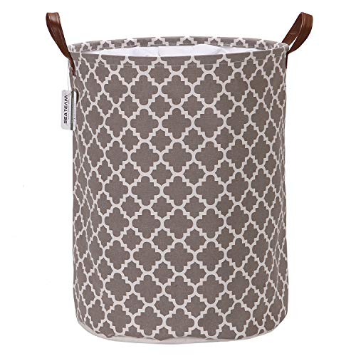 Sea-Team-Moroccan-Lattice-Pattern-Laundry-Hamper-Canvas-Fabric-Laundry-Basket-Collapsible-Storage-Bin-with-PU-Leather-Handles-and-Drawstring-Closure-177-by-138-inches-Waterproof-Inner-Grey