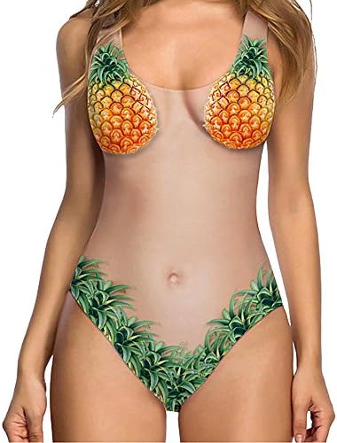 Women Girls One Piece Swimsuit Jumpsuit, Ladies Funny 3D Plant Fruits Printed Nude Color Sexy High Cut Bathing Suit Monokini Rose Pineapple Watermelon Printed Swimwear Beachwear