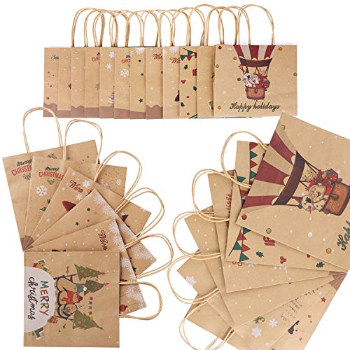 Christmas Gift Bags Bulk Set - 24 Count Kraft Gift Bags with Assorted Christmas Prints, Christmas Goody Bags with Handles for Xmas Gift Wrapping, Classrooms & Party