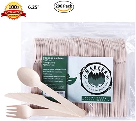 Madera Eco-Friendly Disposable Cutlery Set (100 Forks/50 Spoons/Knives) | Natural, Birchwood, Biodegredable &amp; Compostable Tableware For Parties, BBQ, Weddings, Camping, Picnics | Kitchen Utensil Set