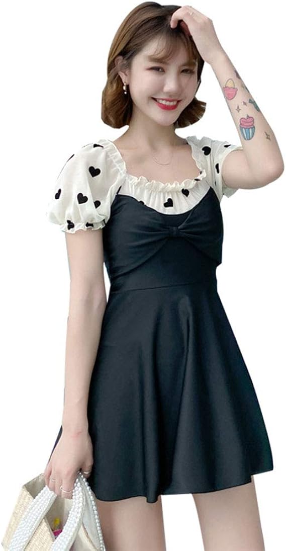 Amazon レディース ワンピース 水着 ハイウエスト 体型カバー ブラック パット付き 可愛い バブルの袖 ホルターネック 腹をかくす ギャザー スカート キャミソール スイムウエア 水着 小胸もピッタリ 温泉水着 着やせ 大きいサイズ L ブラック ワンピース 通販