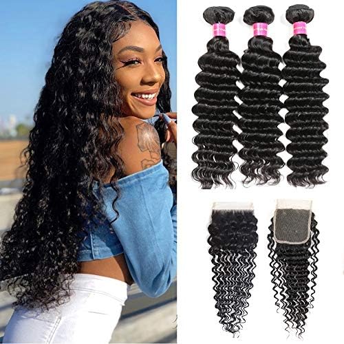 Brazilian Deep Wave Hair Bundles With Closure 8A Unprocessed Virgin Deep Wave Human Hair Bundles With Closure Free Part (20 22 24 with 18)