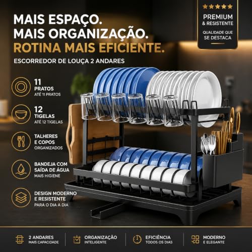 Escorredor de Louça Completo em Aço Carbono Organizador Escorredor de Pratos, Suporte para Talheres, Copos, Tábuas, Facas e Bandeja de Drenagem de Água Premium