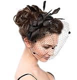 Urban CoCo Women's Bow Feather Net and Veil Fascinator Cocktail Party Hair Clip Hat (Black)