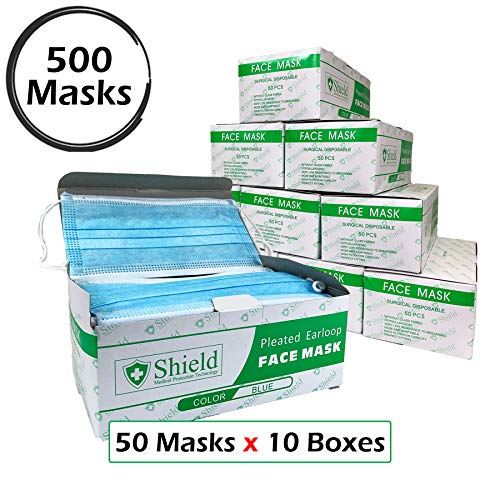 3-Ply Disposable Earloop Face Mask for Professional Medical, Dental, Salon Use (500 Masks / 10 Boxes, BLUE)