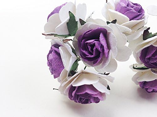 35mm Purple and White Paper Roses 5 Psc Mulberry Paper Flowers with Wire Stems - Ideal for Wedding Decoration