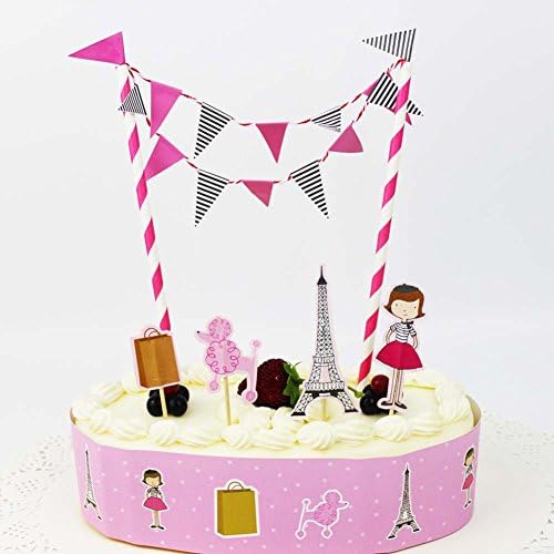 Pink Fashion Girls Birthday Cake Bunting Topper Poodle Eiffel Tower Toothpick Wrapper Sets Baby Shower Party Supplies