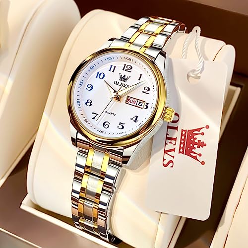 OLEVS Luxury Ladies Watches,Women's Watch with Day and Date,Female Watch for Small Wrist,Gold Stainless Steel Watches for Women,Easy Read Ladies Wrist Watches Waterproof（Adjustable Strap