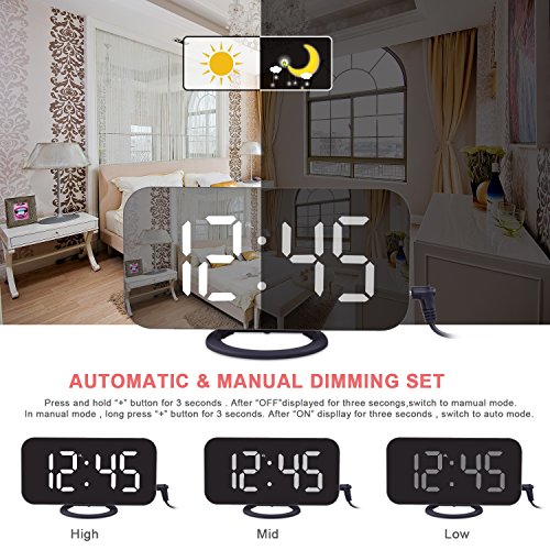 image for EVILTO Modern Alarm Clock with USB Charger Ports Digital Mirror Alarm 