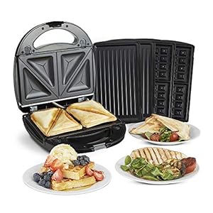 VonShef-3-in-1-Sandwich-Toaster-Waffle-Maker-Grill-Dual-Plate-Press-for-Toasties-Paninis-Snacks-Easy-to-Use-Clean-Non-Stick-Interchangeable-Plates-Compact-Portable-Size--Black-700W VonShef Waffle Maker 3 in 1 – Sandwich Toaster, Panini Press, Waffle Iron with Non-Stick Easy Clean Removable Plates…