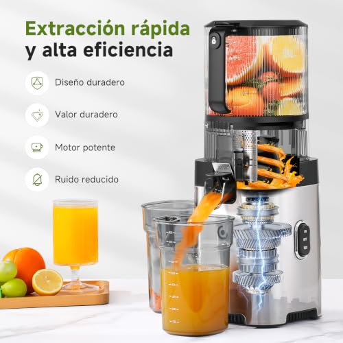 AMZCHEF Juice Extractor, Slow Juicer with XL Opening of 158MM, Capacity of 2.5L, Cold Pressed Blender for Whole Fruits and Vegetables, Stainless Body, Easy Assembly and Cleaning, Silver/Black