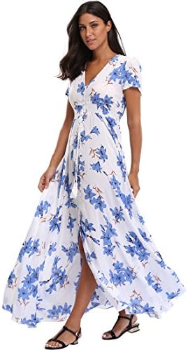 BestWenddingWomen's Boho Floral Maxi Dress Summer Button Up Split Flowy Beach Party Dress