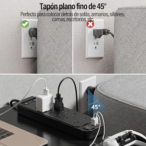 KIROGILY Multicontacto Regleta 16 en 1, con Extension Electrica Protector Supresor de Picos Voltaje, 1,8 M, 12 Salidas y 4 USB (2 USB-C), Sleek Socket, Perfecto para Hogar y Oficina