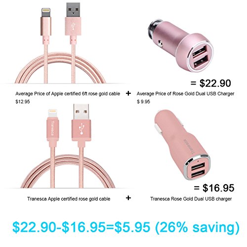 Rose gold car charger kit-Tranesca 4.8A/24W Dual Rapid USB Ports Car Charger with 6FT Nylon Braided MFI (Apple certified) Lightning Cable - Thumbnail 6