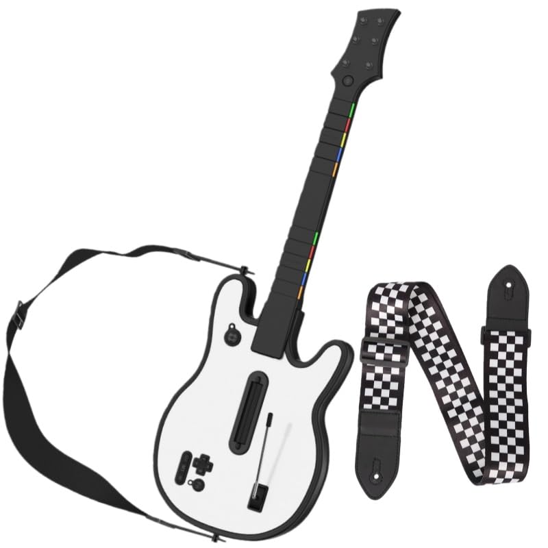 Lyvix Wireless Guitar Controller for PS4/PS3/PC – Compatible with Guitar Hero, Rock Band, Clone Hero & Fortnite Festival, with Strap, RGB Light & Audio Jack-White Checkered