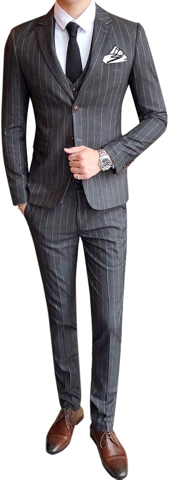 Amazon Co Jp Aowofs スリムスーツ おしゃれ スーツ 結婚式 スーツ ストライプ柄 スリーピース スーツ スリーピース メンズ スーツ フォーマルスーツ ビジネススーツ 4color 四色 結婚式 パーティー 紳士服 二次会 服 ファッション小物