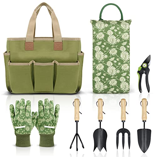 Colwelt Gartengeräte-Set, 8-teilig, Gartengeräte mit Holzgriff, einschließlich Gartentasche, Kniepolster, Handschuhe, Gartenschere, Kelle, Tulpenkelle, Grubber – Gartengeschenke für Damen und Herren