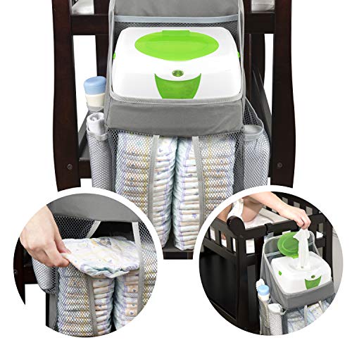 Hanging Baby Diaper Caddy Organizer - Hang On Door, Crib Or Infant Changing Table - Nursery Station Basket For Diapers, Wet Wipes, Clothes Storage - Waterproof & Stylish - Unisex Grey For Boys & Girls - Thumbnail 6