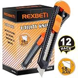 REXBETI 12-Pack Utility Knife, Retractable Box Cutter for Cartons, Cardboard and Boxes, 18mm Wider Razor Sharp Blade, Smooth Mechanism, Perfect for Office and Home use