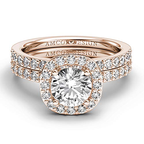 14KT Rose Gold 1.38 CT Halo Diamond Engagement Ring Bridal Set Cushion Wedding Band Amcor Design
