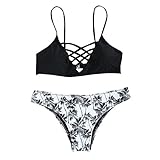 SweatyRocks Women's Bikini Set Black Tree Floral Print Criss Cross Bathing Suit, Black Tree, Small