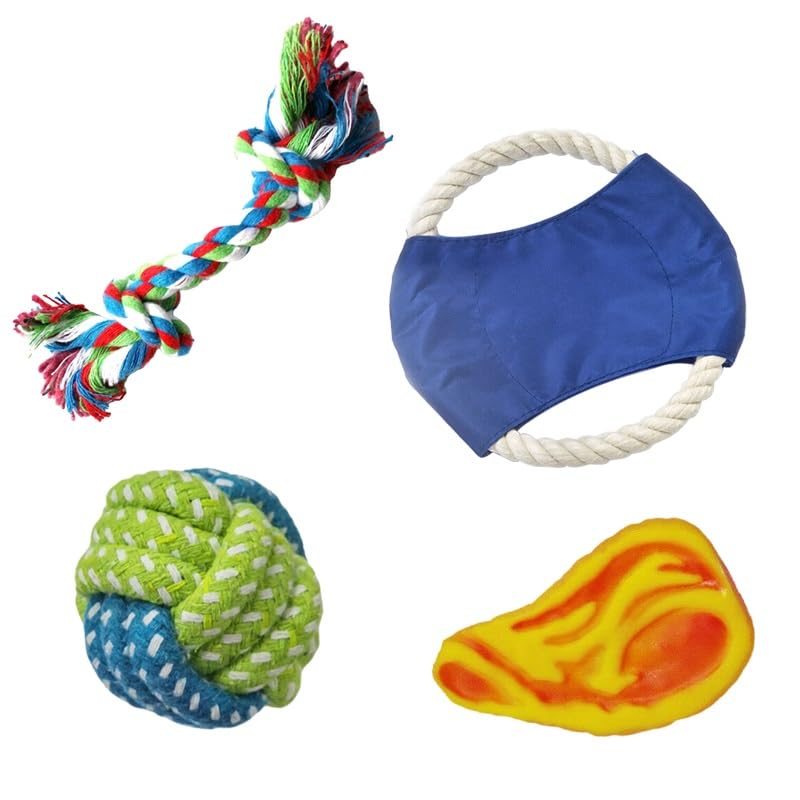 Woowoofy Dog Rope Toy Anti-Slip Design for Aggressive Chewers Teething Training Nearly Indestructible Dog Toys 100% Natural Cotton Rope for Small & Medium Dog (Pack of 4)