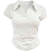 SHENHE Women's Short Sleeve Shirt Collared V Neck Slim Fitted Tight Casual Tee Tops