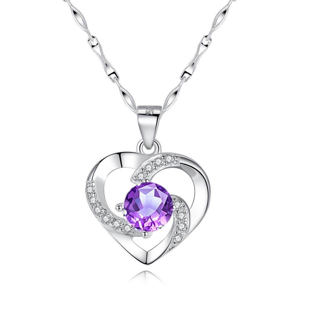 wynn's Silver Necklace for Women, 925 Sterling Silver Heart Necklace, 45cm Love Heart Necklace Pendant Set with Purple Cubic Zirconia, Gift for Lady Girlfriend Mother Wife — image 1