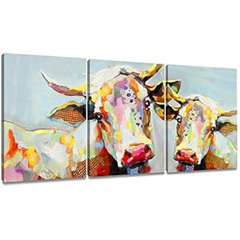 Decor MI Colorful Cow Painting on Canvas Wall Art Wall Decoration Modern Artwork Stretched and Framed Ready to Hang for Living Room 12''x16'' 3 Piece