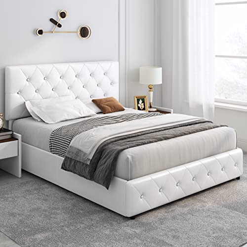 Modern Upholstered Bed Frame with 4 Drawers, Button Tufted Headboard