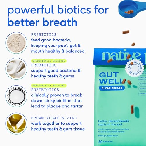 Native Pet GutWell Clean Breath - Dog Breath Freshener & Dog Teeth Cleaning Powder Cold-Pressed to Reduce Plaque, Tartar & Promote Oral Health with Triple-Biotic Blend, Brown Algae & Zinc - 60 Scoops