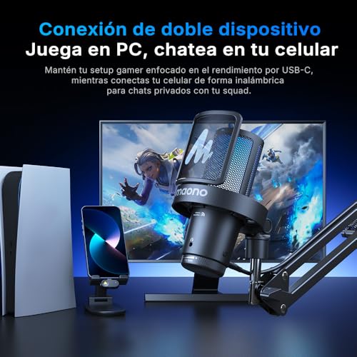 MAONO DGM20W - Micrófono Inalámbrico/USB para PC, Micrófono Condensador para Juegos, Podcasting y Streaming, Micrófono RGB con Cancelación de Ruido, Botón de Silencio, Perilla de Ganancia (Negro)