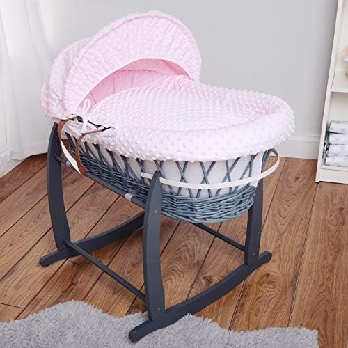 Isabella Alicia Designer Grey Wicker Moses Basket with Pink Dimple Dressing and Rocking Stand