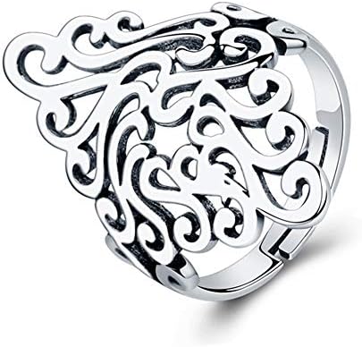 XCFS BEAUTY925 Sterling Silver Plated Retro Celtic Knot Hollow Long Vintage Pattern Adjustable Band Ring,Size 5-9