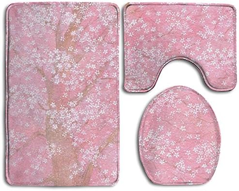 Bath Mat,3 Piece Bathroom Rug Set,Cherry Blossoms Art Flannel Non Slip Toilet Seat Cover Set,Large Contour Mat,Lid Cover For Men/Women