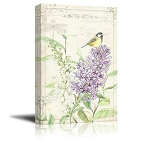 Canvas Wall Art - Vintage STLE Bird Standing on Top Purple Flower - Giclee Print Gallery Wrap Modern Home Art Ready to Hang - 12x18 inches