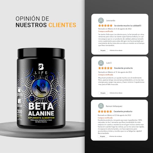 Beta Alanina en polvo 200 Servicios. Ingredientes naturales. Beta Alanine 400 Gramos B Life.