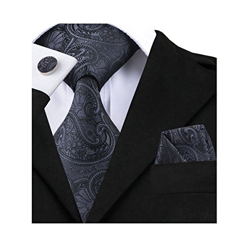 Barry.Wang Solid Black Tie Set Hanky Cufflinks Business Funeral Necktie