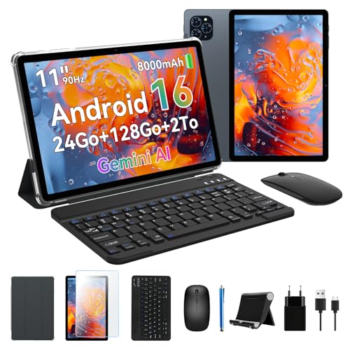 KINGRID T90 Android 16 Tablet, Gemini AI 3.5, 11 Inch FHD (Widevine L1), 24GB RAM 128GB ROM (2TB TF), Tablet with Keyboard Mouse and Stylus, 2 in 1 PC, 8000mAh Battery – Grey